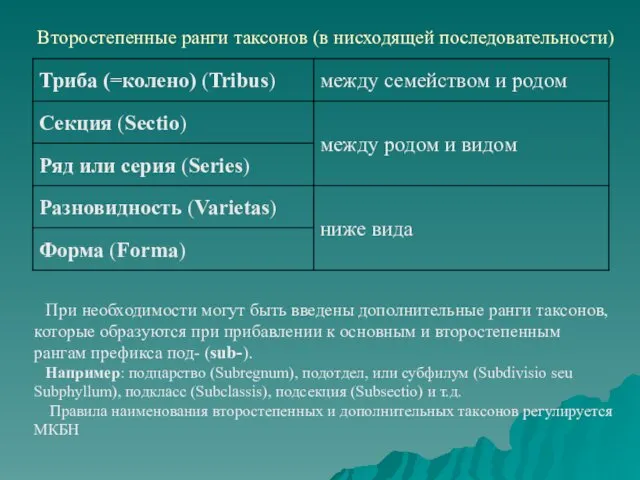 Второстепенные ранги таксонов (в нисходящей последовательности) При необходимости могут быть