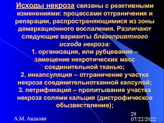 07/22/2022 А.М. Авдалян Исходы некроза связаны с реактивными изменениями: процессами