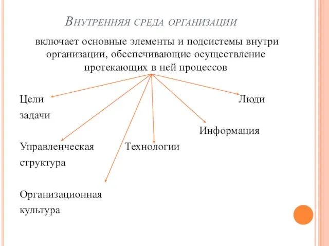 Внутренняя среда организации включает основные элементы и подсистемы внутри организации,