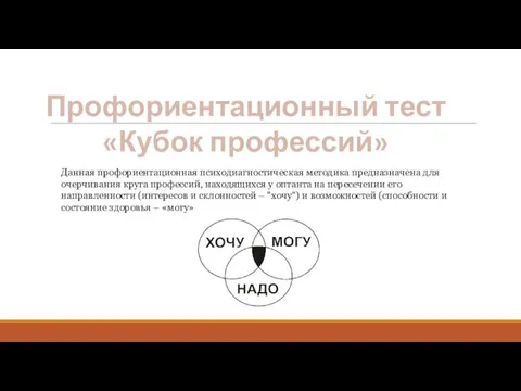 Профориентационный тест «Кубок профессий» Данная профориентационная психодиагностическая методика предназначена для