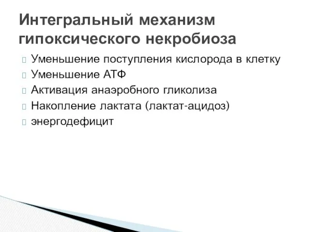 Уменьшение поступления кислорода в клетку Уменьшение АТФ Активация анаэробного гликолиза