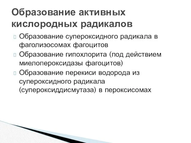 Образование супероксидного радикала в фаголизосомах фагоцитов Образование гипохлорита (под действием