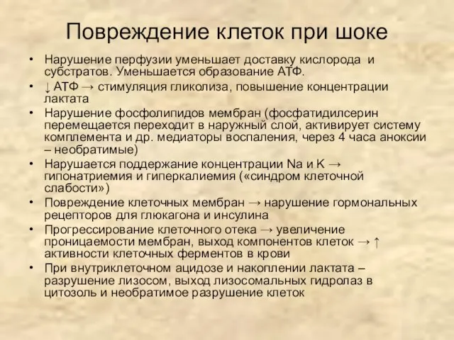 Повреждение клеток при шоке Нарушение перфузии уменьшает доставку кислорода и