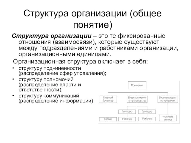 Структура организации (общее понятие) Структура организации – это те фиксированные