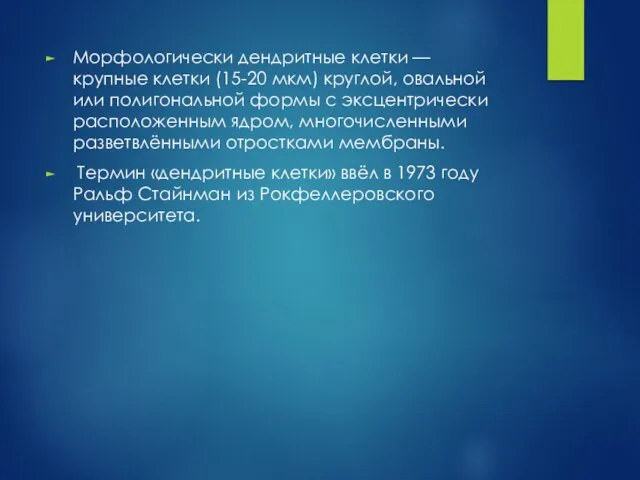 Морфологически дендритные клетки — крупные клетки (15-20 мкм) круглой, овальной