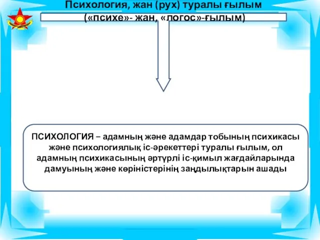 Психология, жан (рух) туралы ғылым («психе»- жан, «логос»-ғылым) ПСИХОЛОГИЯ –