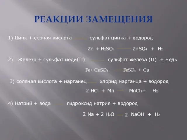 РЕАКЦИИ ЗАМЕЩЕНИЯ 1) Цинк + серная кислота сульфат цинка +
