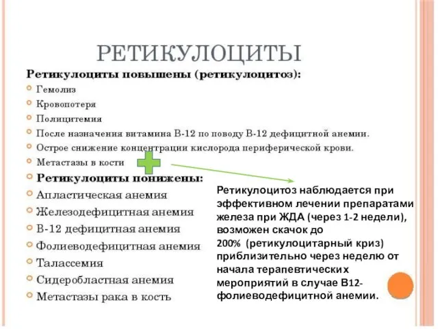 Ретикулоцитоз наблюдается при эффективном лечении препаратами железа при ЖДА (через