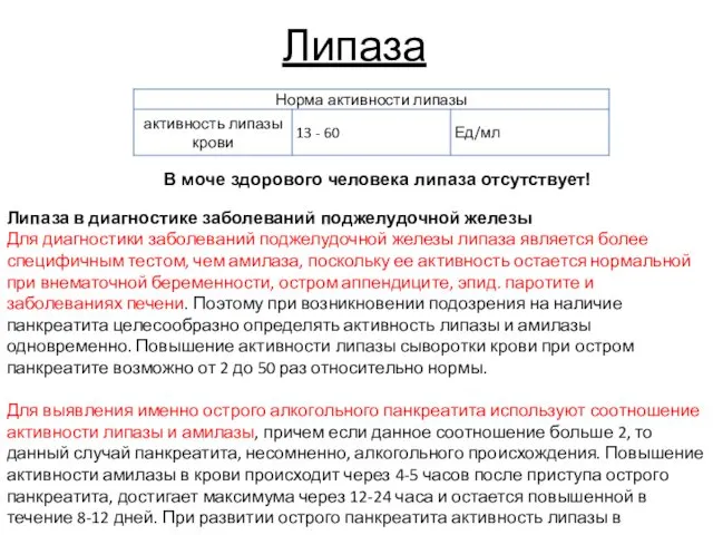 Липаза В моче здорового человека липаза отсутствует! Липаза в диагностике