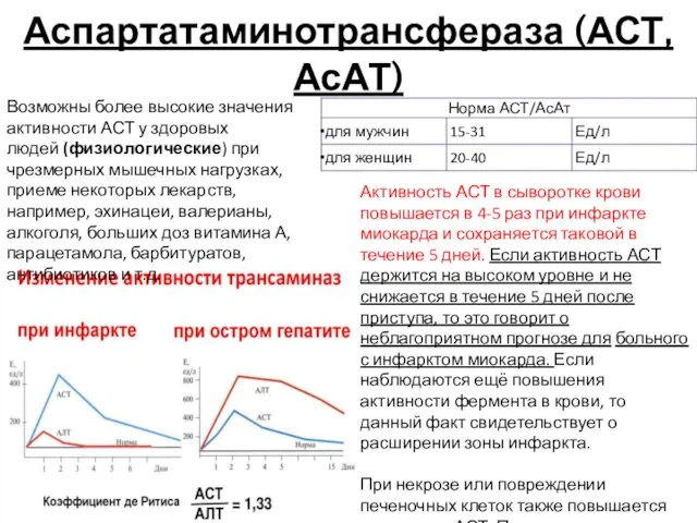 Аспартатаминотрансфераза (АСТ, АсАТ) Возможны более высокие значения активности АСТ у