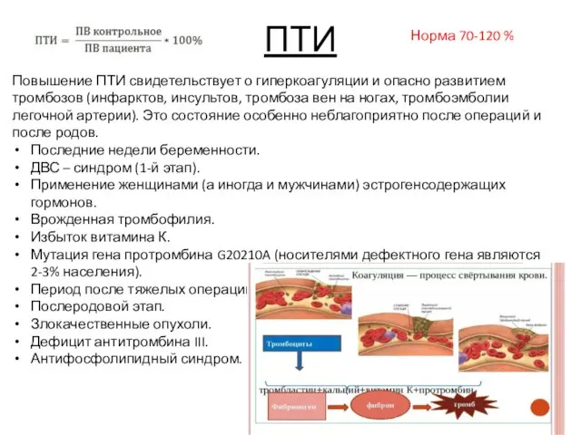 ПТИ Норма 70-120 % Повышение ПТИ свидетельствует о гиперкоагуляции и