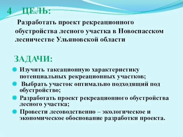 ЦЕЛЬ: Разработать проект рекреационного обустройства лесного участка в Новоспасском лесничестве