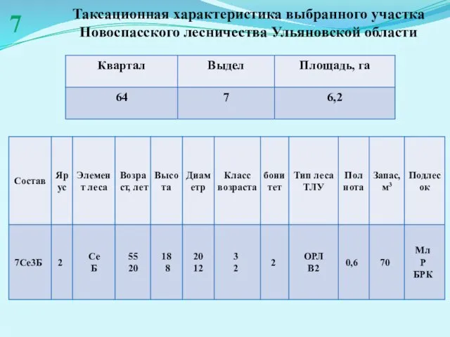 Таксационная характеристика выбранного участка Новоспасского лесничества Ульяновской области 7