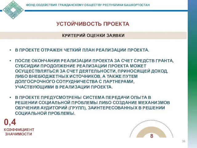 УСТОЙЧИВОСТЬ ПРОЕКТА ФОНД СОДЕЙСТВИЯ ГРАЖДАНСКОМУ ОБЩЕСТВУ РЕСПУБЛИКИ БАШКОРТОСТАН КРИТЕРИЙ ОЦЕНКИ