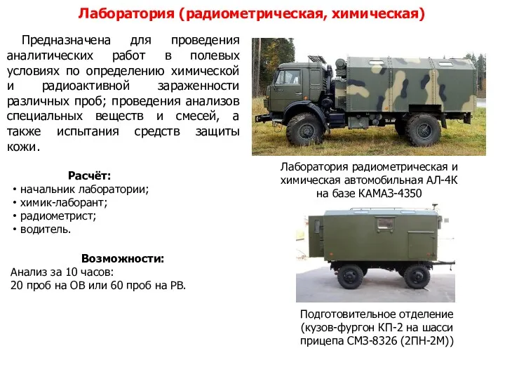 Лаборатория (радиометрическая, химическая) Предназначена для проведения аналитических работ в полевых