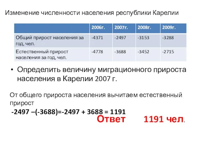 Изменение численности населения республики Карелии Определить величину миграционного прироста населения в Карелии 2007