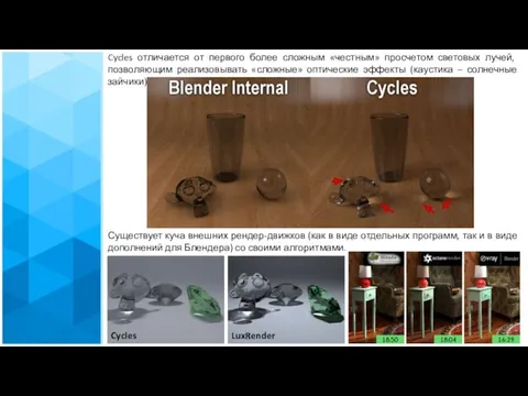 Cycles отличается от первого более сложным «честным» просчетом световых лучей,