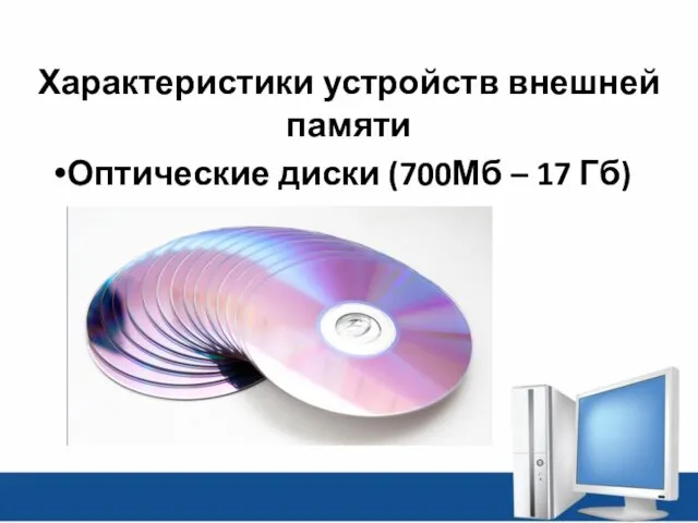 Характеристики устройств внешней памяти Оптические диски (700Мб – 17 Гб)