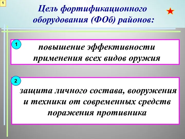 1 Цель фортификационного оборудования (ФОб) районов: 1