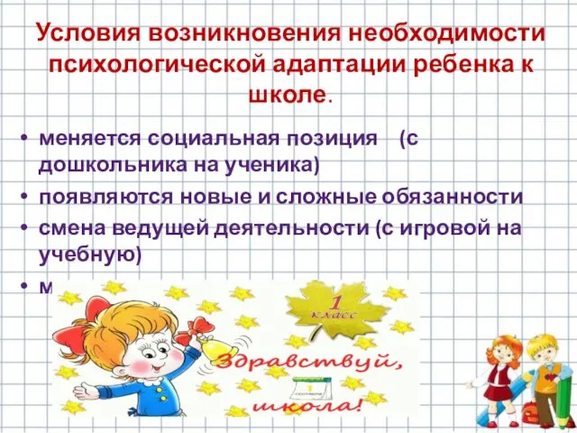 Условия возникновения необходимости психологической адаптации ребенка к школе. меняется социальная