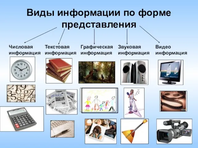 Виды информации по форме представления Числовая информация Текстовая информация Графическая информация Звуковая информация Видео информация