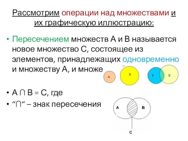 Рассмотрим операции над множествами и их графическую иллюстрацию: Пересечением множеств