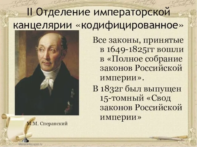 II Отделение императорской канцелярии «кодифицированное» Все законы, принятые в 1649-1825гг