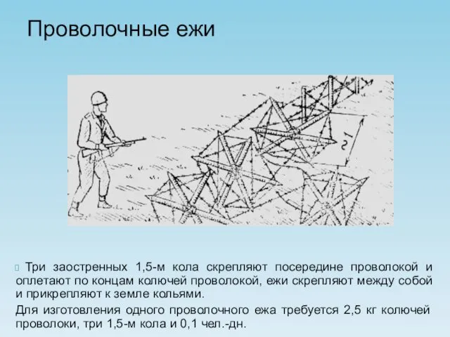 Проволочные ежи Три заостренных 1,5-м кола скрепляют посередине проволокой и