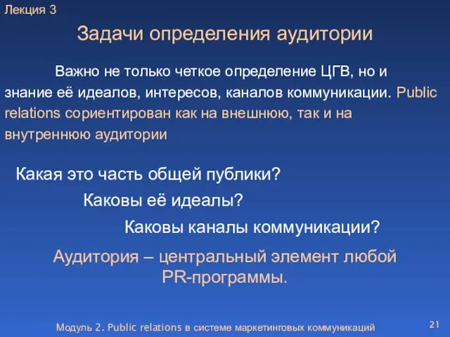 Модуль 2. Public relations в системе маркетинговых коммуникаций Задачи определения