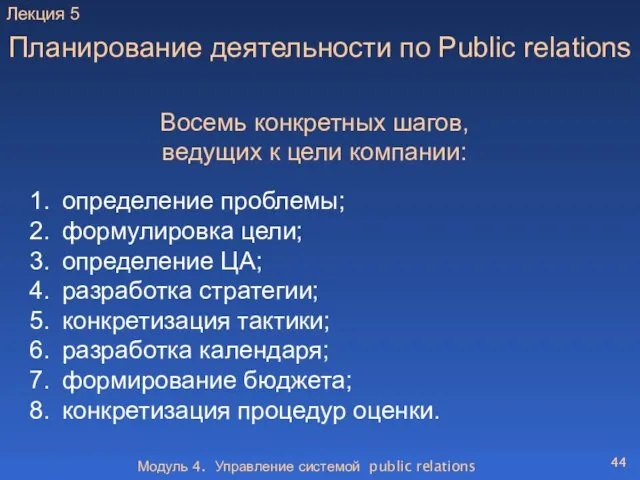 Модуль 4. Управление системой public relations Планирование деятельности по Public