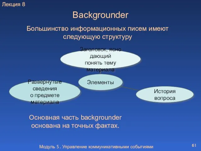 Модуль 5. Управление коммуникативными событиями Backgrounder Основная часть backgrounder основана