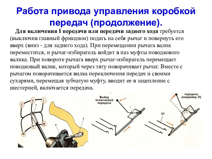 Работа привода управления коробкой передач (продолжение). Для включения I передачи