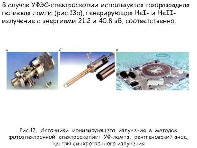 В случае УФЭС-спектроскопии используется газоразрядная гелиевая лампа (рис.13а), генерирующая HeI-