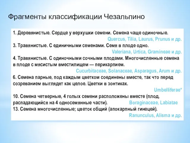 Фрагменты классификации Чезальпино 1. Деревянистые. Сердце у верхушки семени. Семена