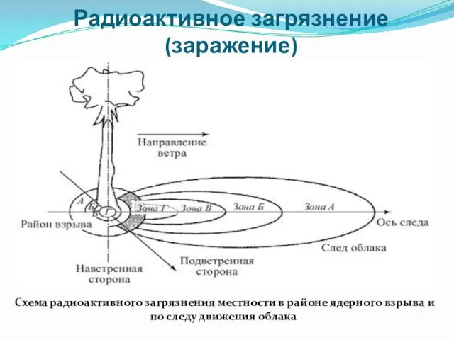 Радиоактивное загрязнение (заражение) Схема радиоактивного загрязнения местности в районе ядерного взрыва и по следу движения облака