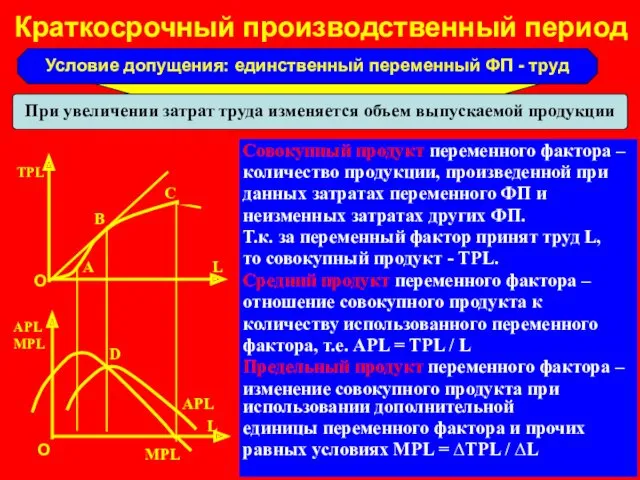 Краткосрочный производственный период Совокупный продукт переменного фактора – количество продукции,