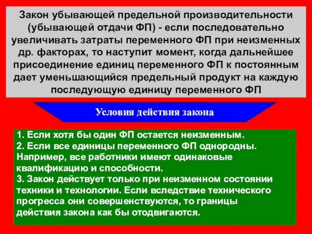 Закон убывающей предельной производительности (убывающей отдачи ФП) - если последовательно