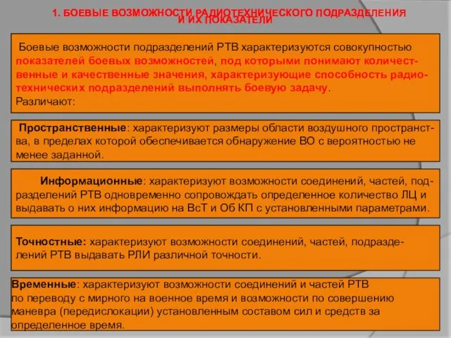 1. БОЕВЫЕ ВОЗМОЖНОСТИ РАДИОТЕХНИЧЕСКОГО ПОДРАЗДЕЛЕНИЯ И ИХ ПОКАЗАТЕЛИ Боевые возможности