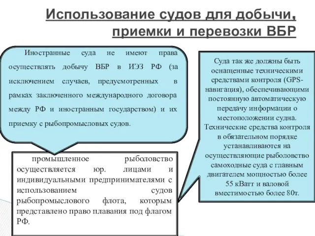 Использование судов для добычи, приемки и перевозки ВБР промышленное рыболовство