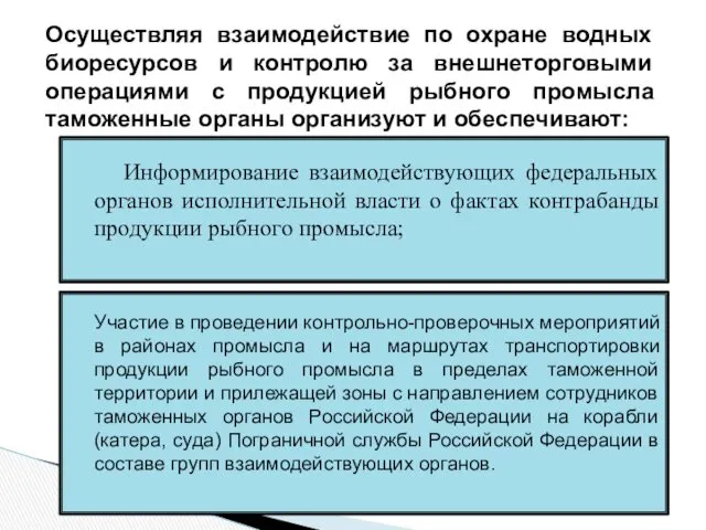 Осуществляя взаимодействие по охране водных биоресурсов и контролю за внешнеторговыми операциями с продукцией