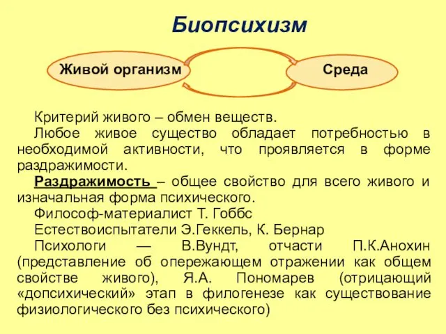 Биопсихизм Критерий живого – обмен веществ. Любое живое существо обладает