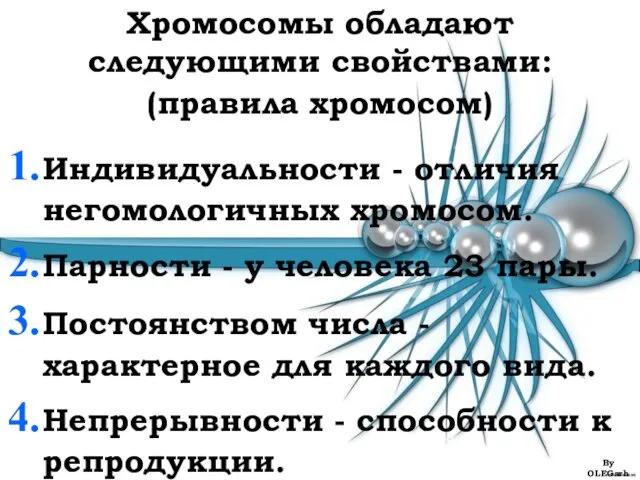 Хромосомы обладают следующими свойствами: (правила хромосом) Индивидуальности - отличия негомологичных