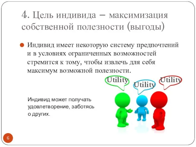 4. Цель индивида – максимизация собственной полезности (выгоды) Индивид имеет