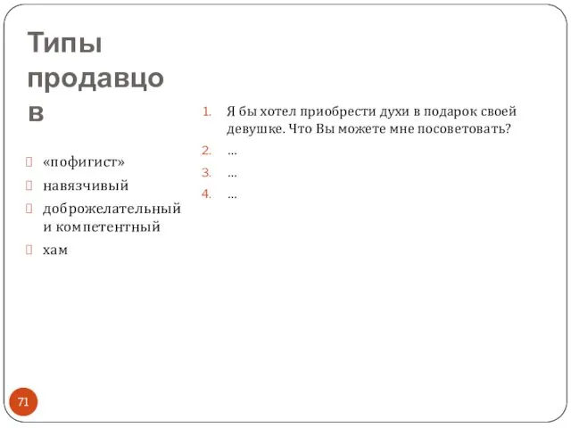 Типы продавцов Я бы хотел приобрести духи в подарок своей