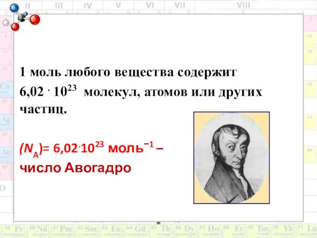 1 моль любого вещества содержит 6,02 . 1023 молекул, атомов