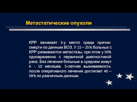 Метастатические опухоли КРР занимает 3-у место среди причин смерти по