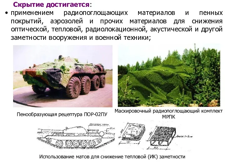 Скрытие достигается: применением радиопоглощающих материалов и пенных покрытий, аэрозолей и