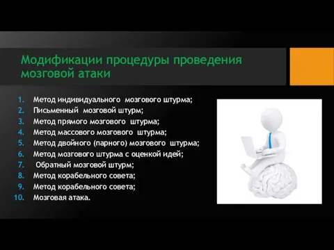 Модификации процедуры проведения мозговой атаки Метод индивидуального мозгового штурма; Письменный