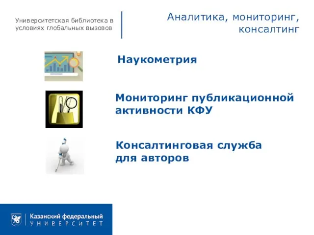 Наукометрия Мониторинг публикационной активности КФУ Консалтинговая служба для авторов