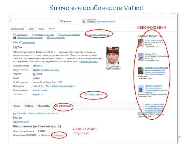 Ключевые особенности VuFind рекомендации Связь с АБИС «Руслан»